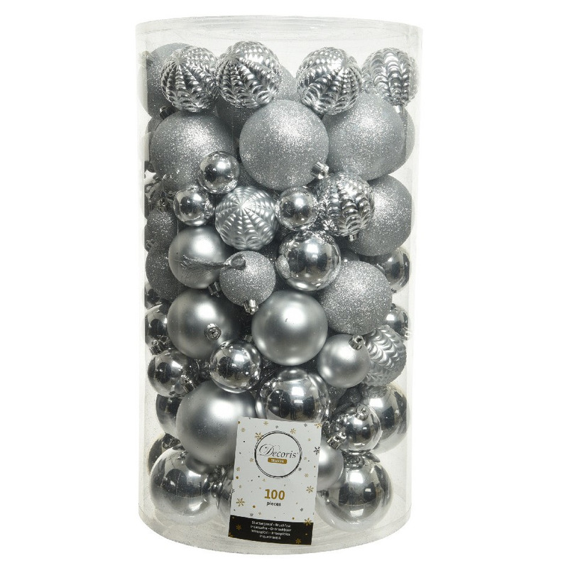 100x Kunststof kerstballen mix zilver 4-5-6-7-8 cm kerstboom versiering-decoratie