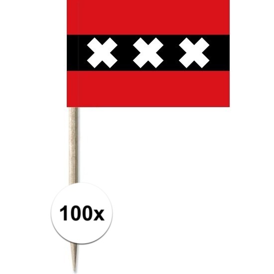100x Vlaggetjes prikkers Amsterdam 8 cm hout-papier