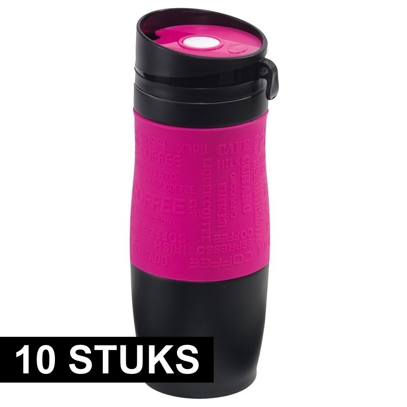 10x Dubbelwandige thermobekers roze-zwart 380 ml