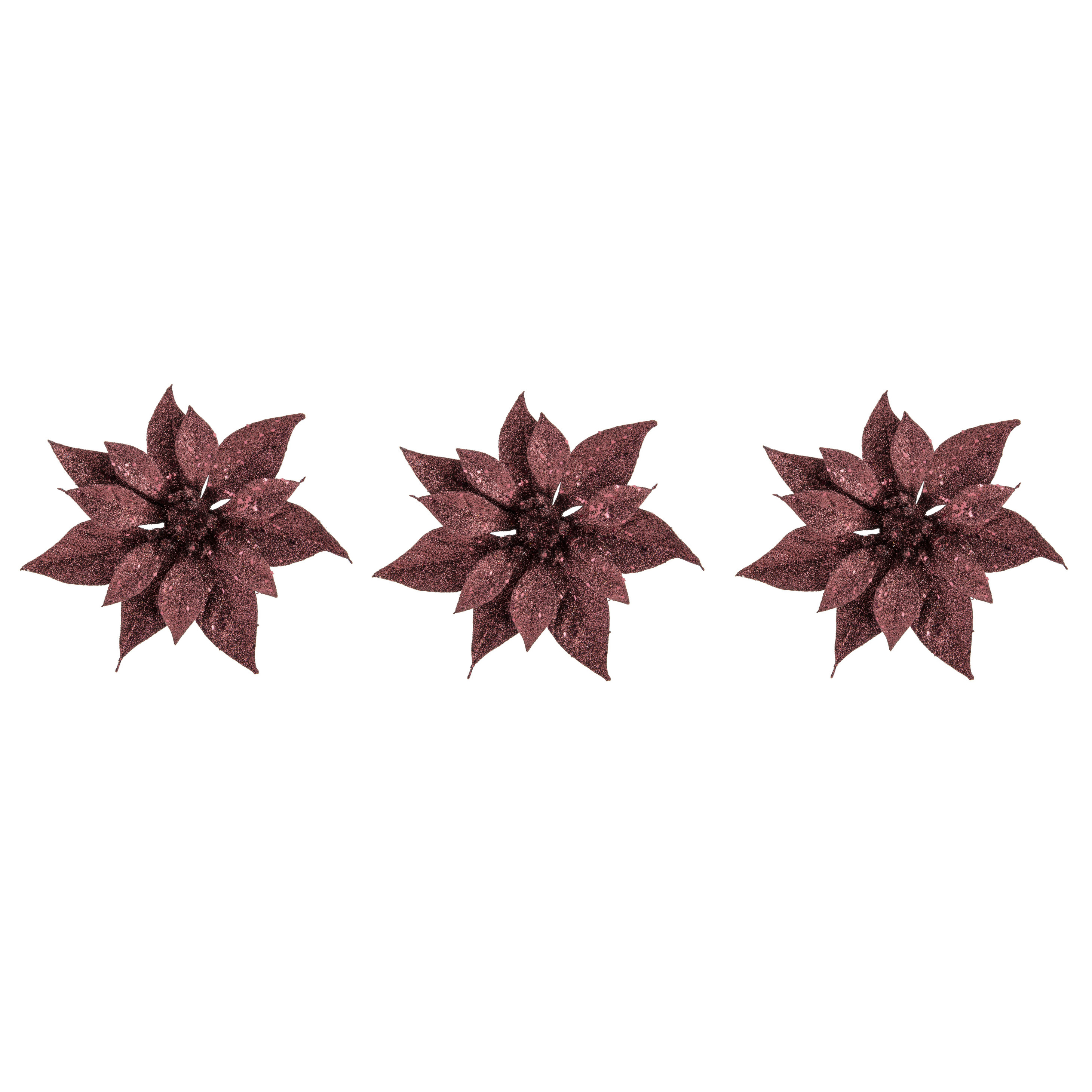 10x stuks decoratie bloemen kerstster donkerrood glitter op clip 18 cm