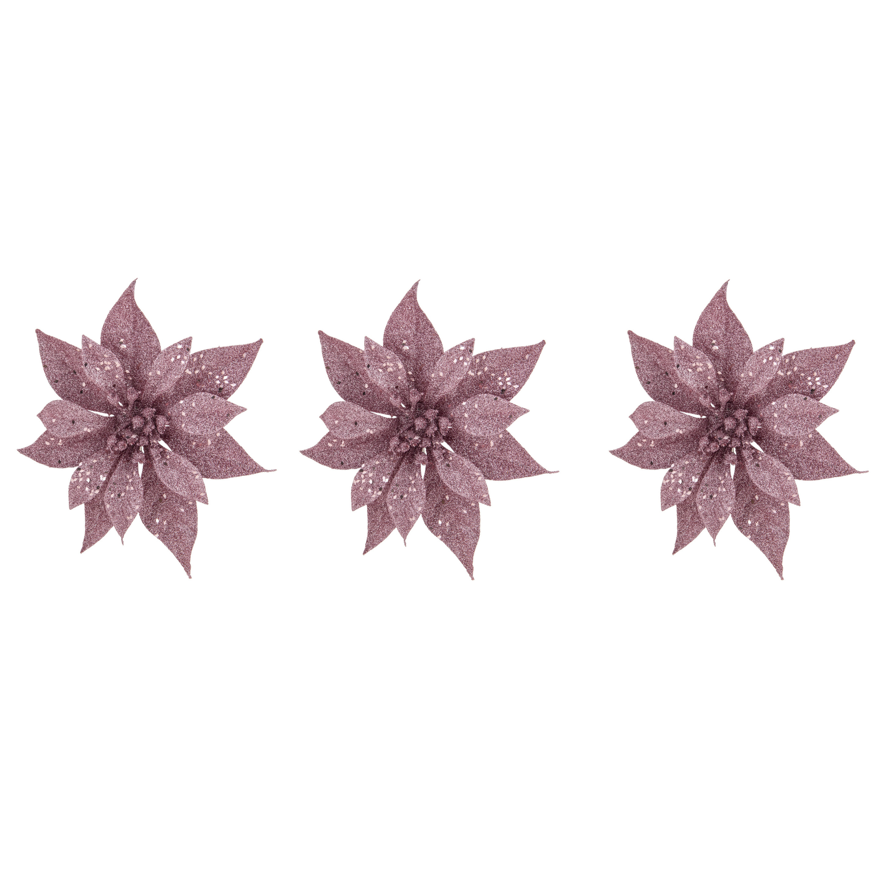 10x stuks decoratie bloemen kerstster roze glitter op clip 18 cm