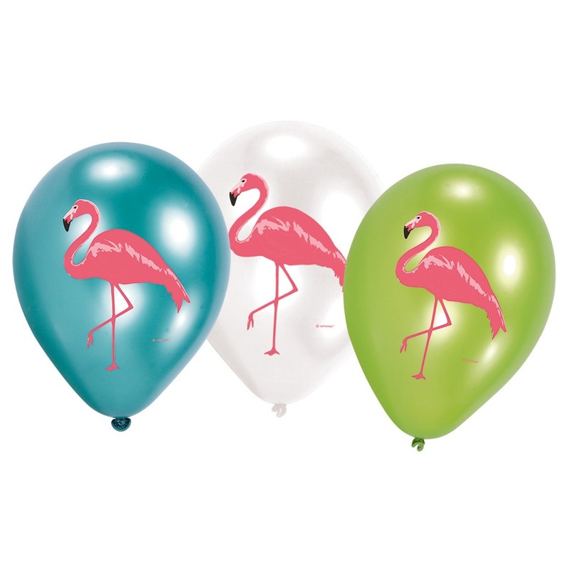 12x Flamingo feest ballonnen blauw/groen/wit