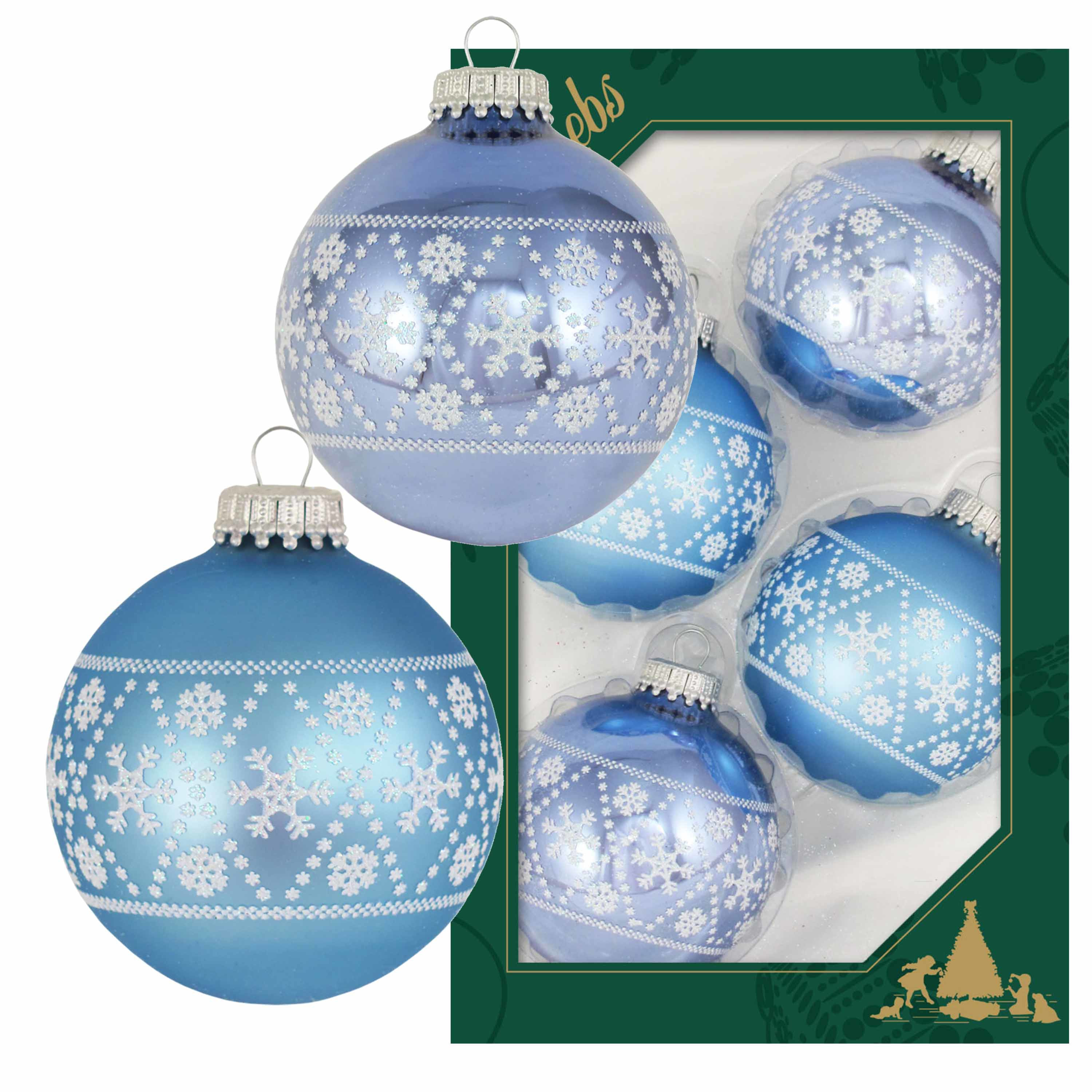 12x Glazen ijsblauwe-lichtblauwe kerstballen met witte decoratie 7 cm