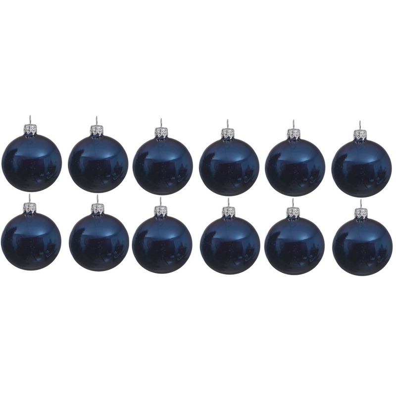 12x Glazen kerstballen glans donkerblauw 10 cm kerstboom versiering-decoratie
