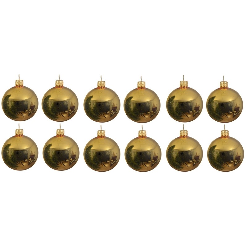 12x Glazen kerstballen glans goud 10 cm kerstboom versiering-decoratie