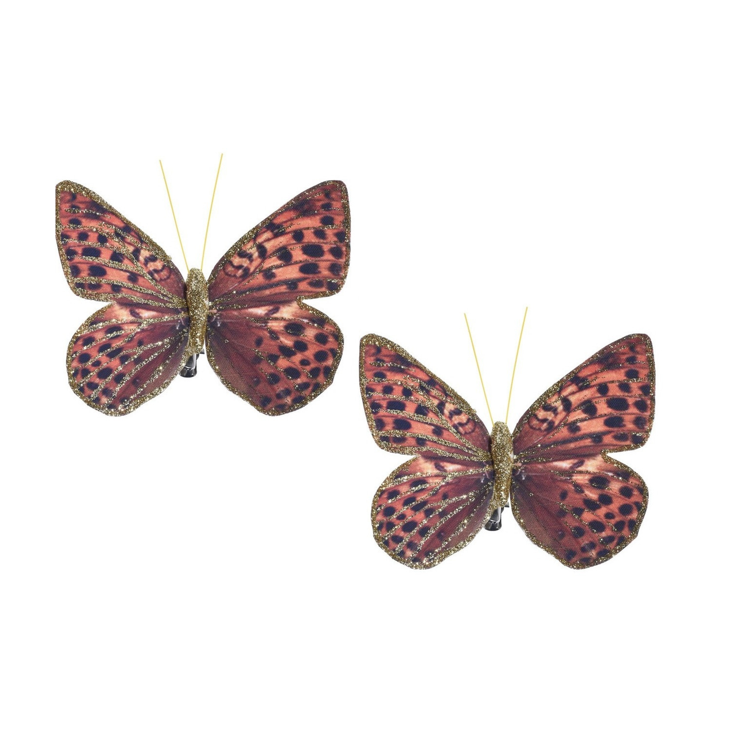12x Kerstversieringen vlinders op clip rood-bruin-goud 10 cm