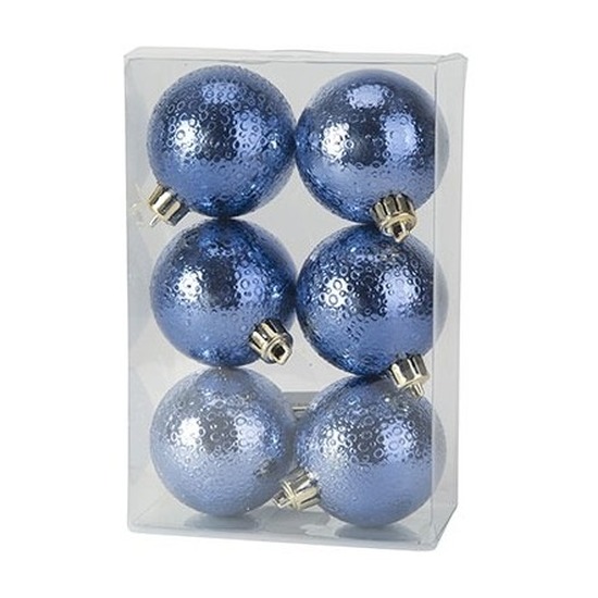 12x Kunststof kerstballen cirkel motief donkerblauw 6 cm kerstboom versiering-decoratie