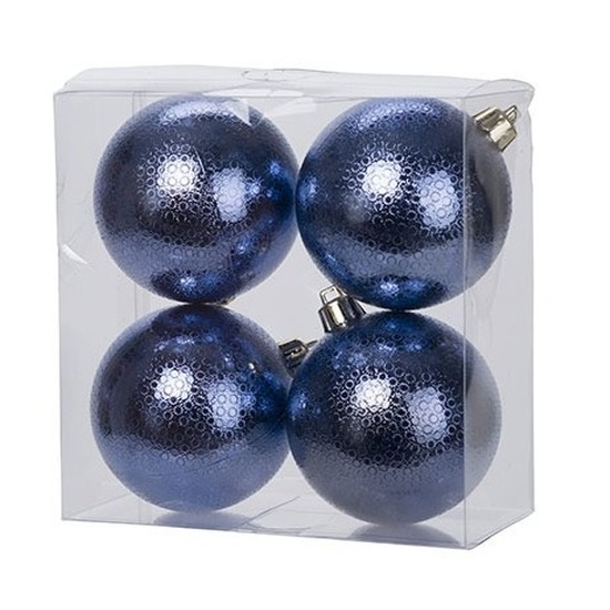 12x Kunststof kerstballen cirkel motief donkerblauw 8 cm kerstboom versiering-decoratie