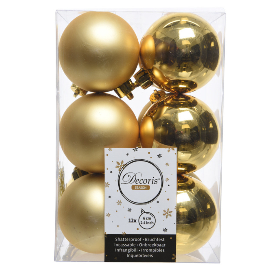 12x Kunststof kerstballen glanzend-mat goud 6 cm kerstboom versiering-decoratie