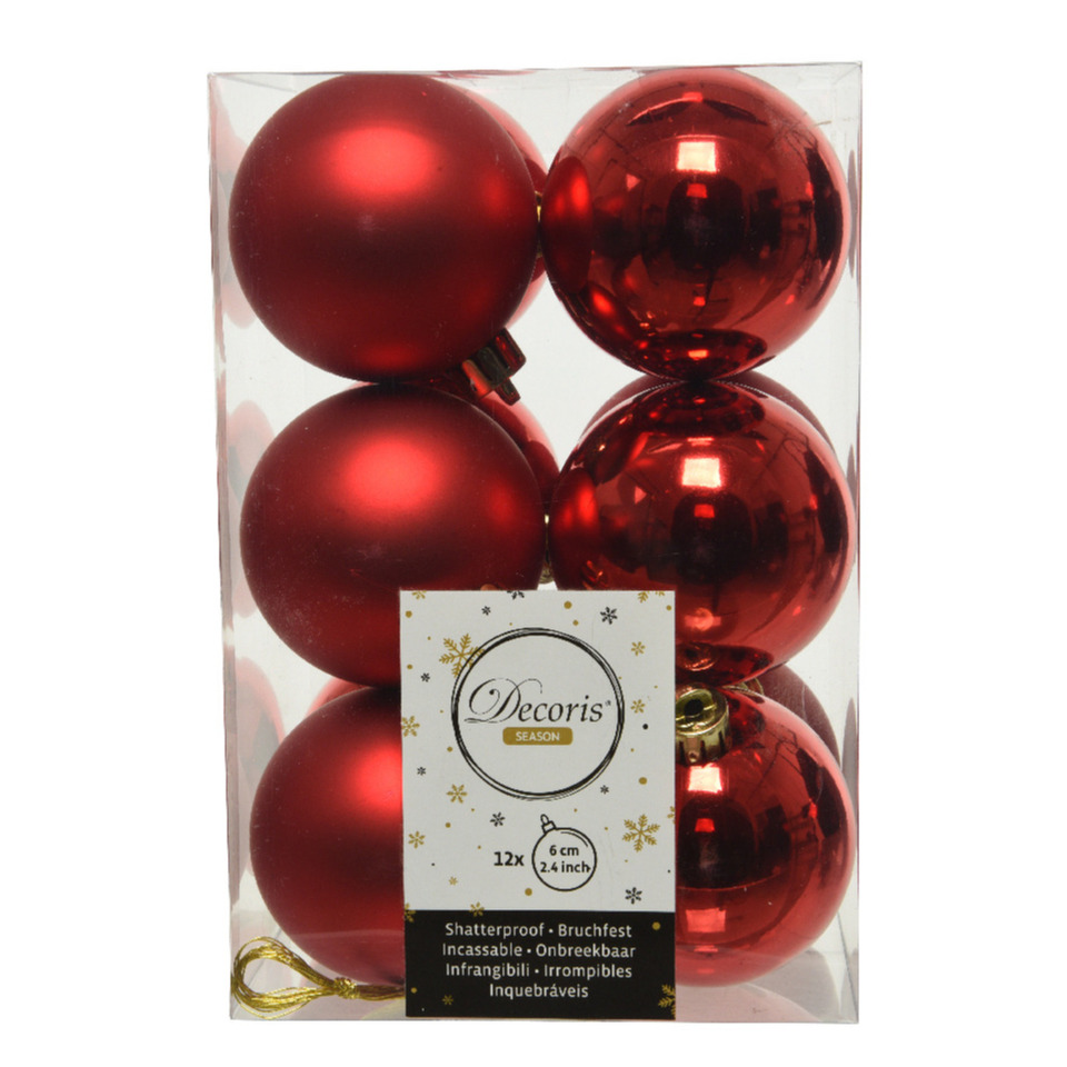 12x Kunststof kerstballen glanzend-mat kerst rood 6 cm kerstboom versiering-decoratie