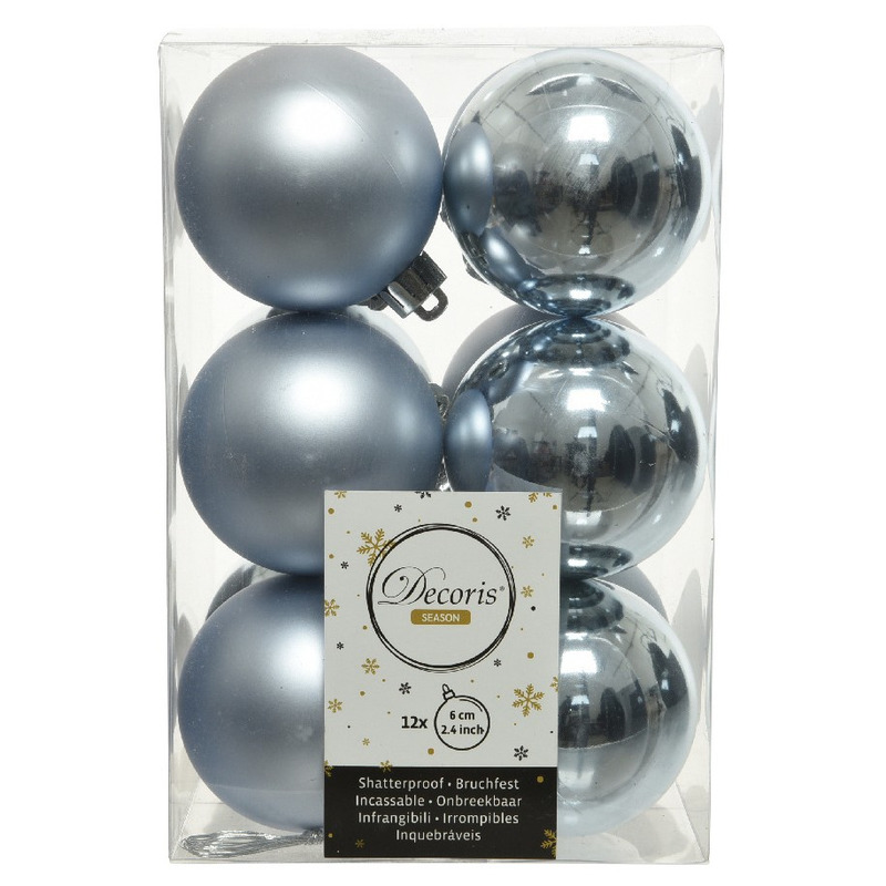 12x Kunststof kerstballen glanzend-mat lichtblauw 6 cm kerstboom versiering-decoratie