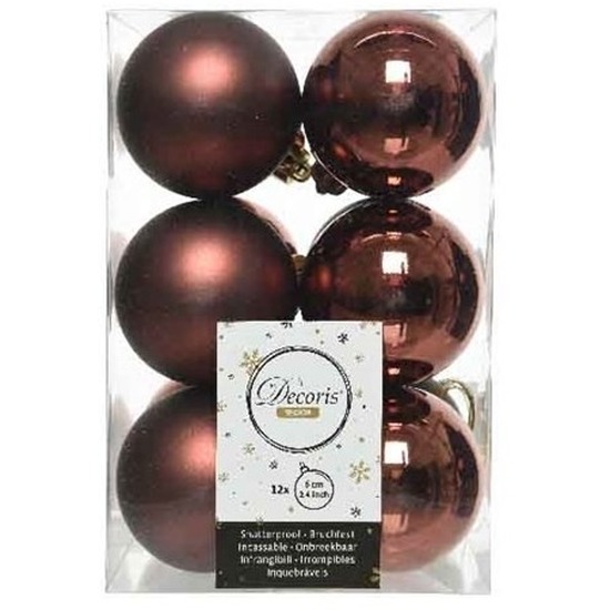 12x Kunststof kerstballen glanzend-mat mahonie bruin 6 cm kerstboom versiering-decoratie