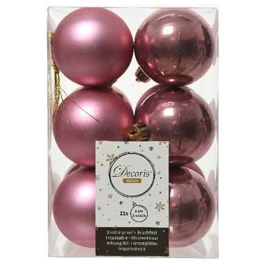 12x Kunststof kerstballen glanzend-mat oud roze 6 cm kerstboom versiering-decoratie