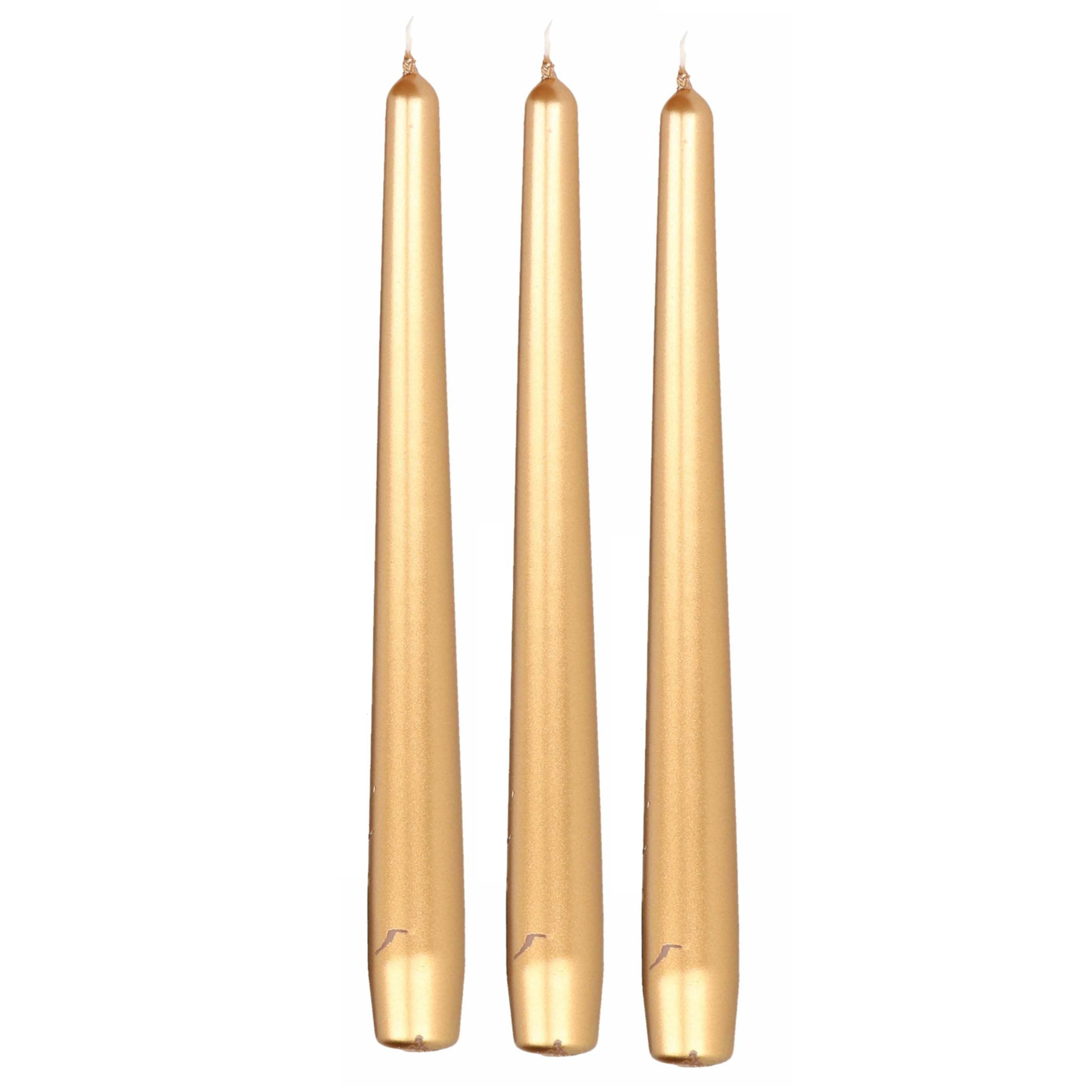 12x Lange kaarsen metallic goud 25 cm 8 branduren dinerkaarsen-tafelkaarsen