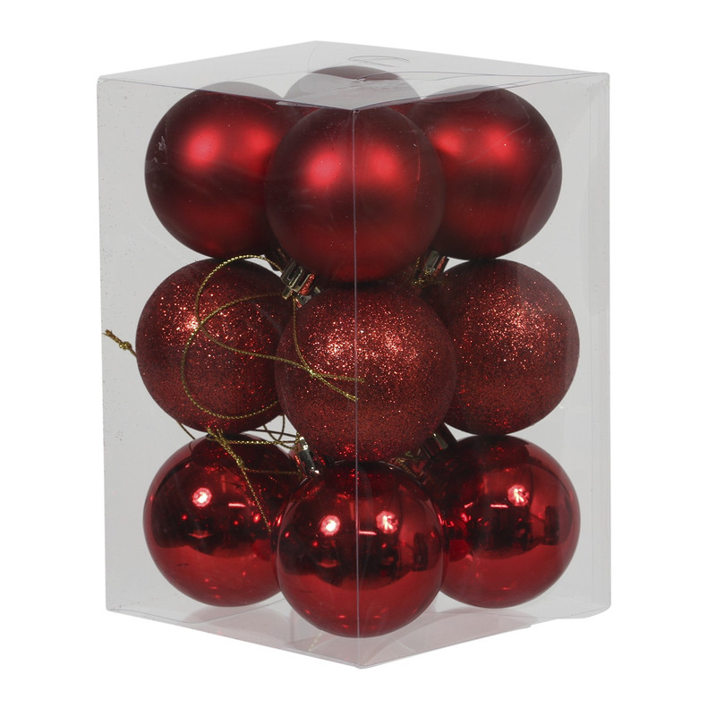 12x Rode kunststof kerstballen 6 cm glans-mat-glitter