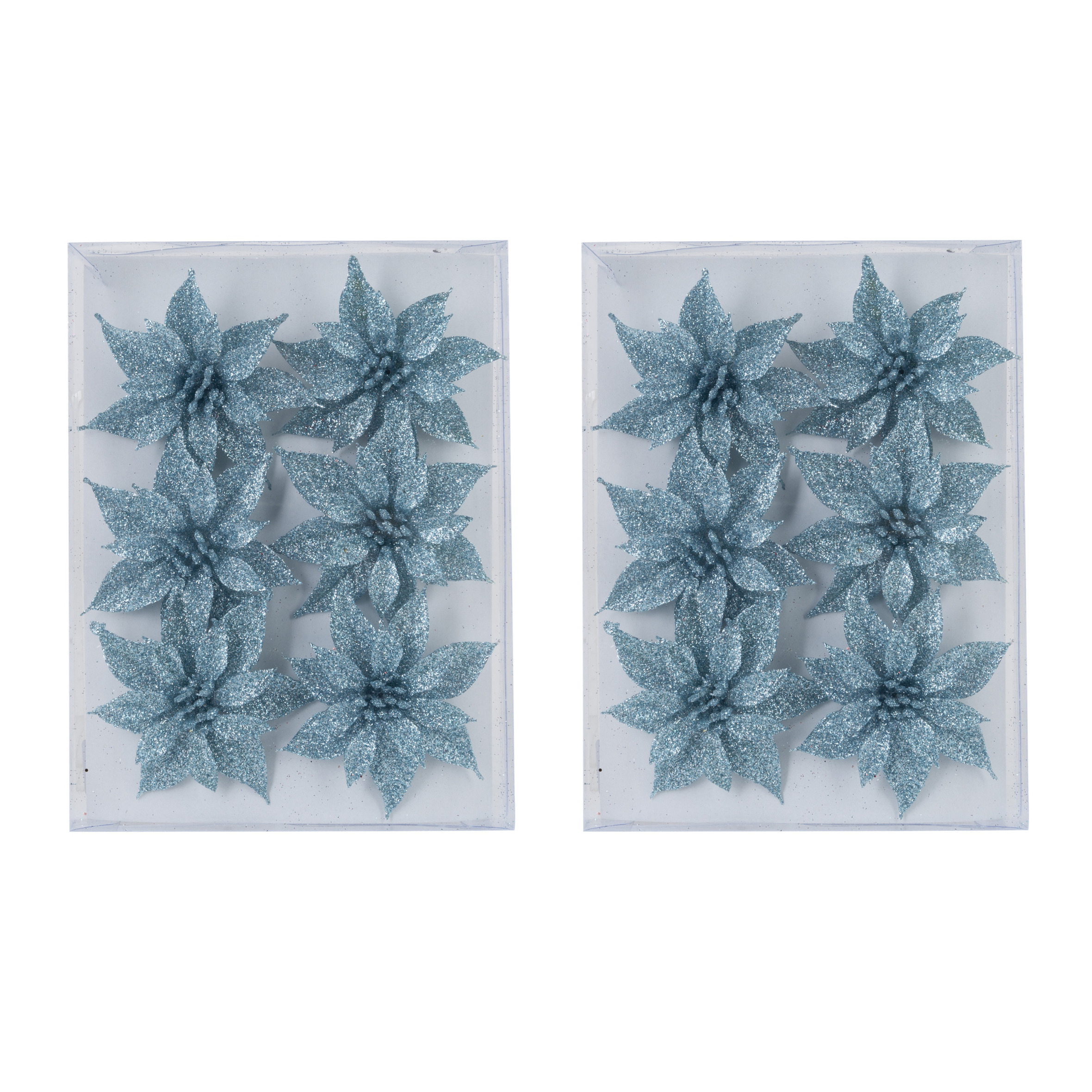 12x stuks decoratie bloemen rozen ijsblauw glitter op ijzerdraad 8 cm
