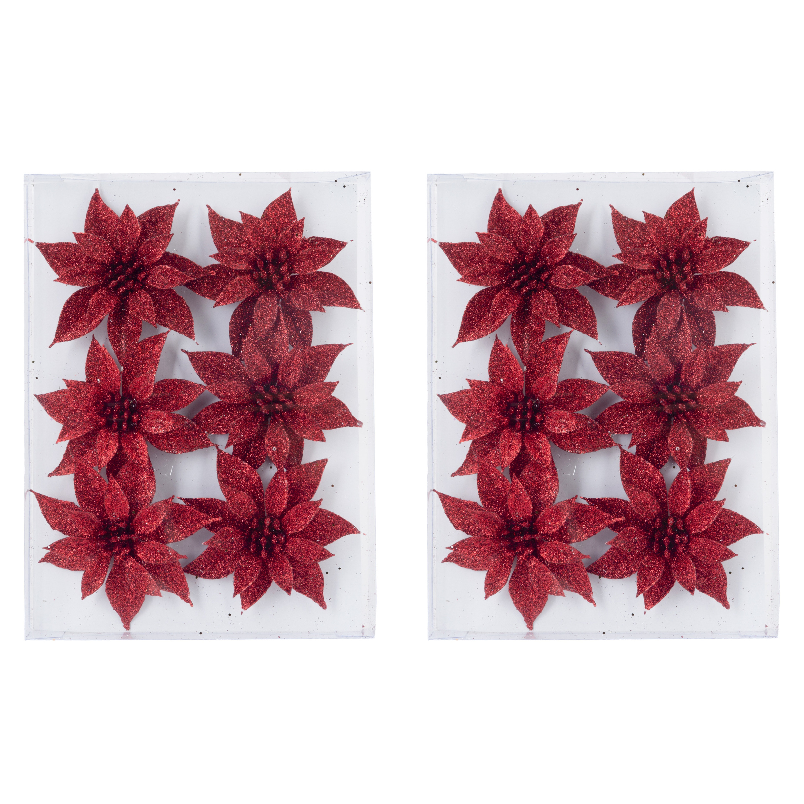 12x stuks decoratie bloemen rozen rood glitter op ijzerdraad 8 cm