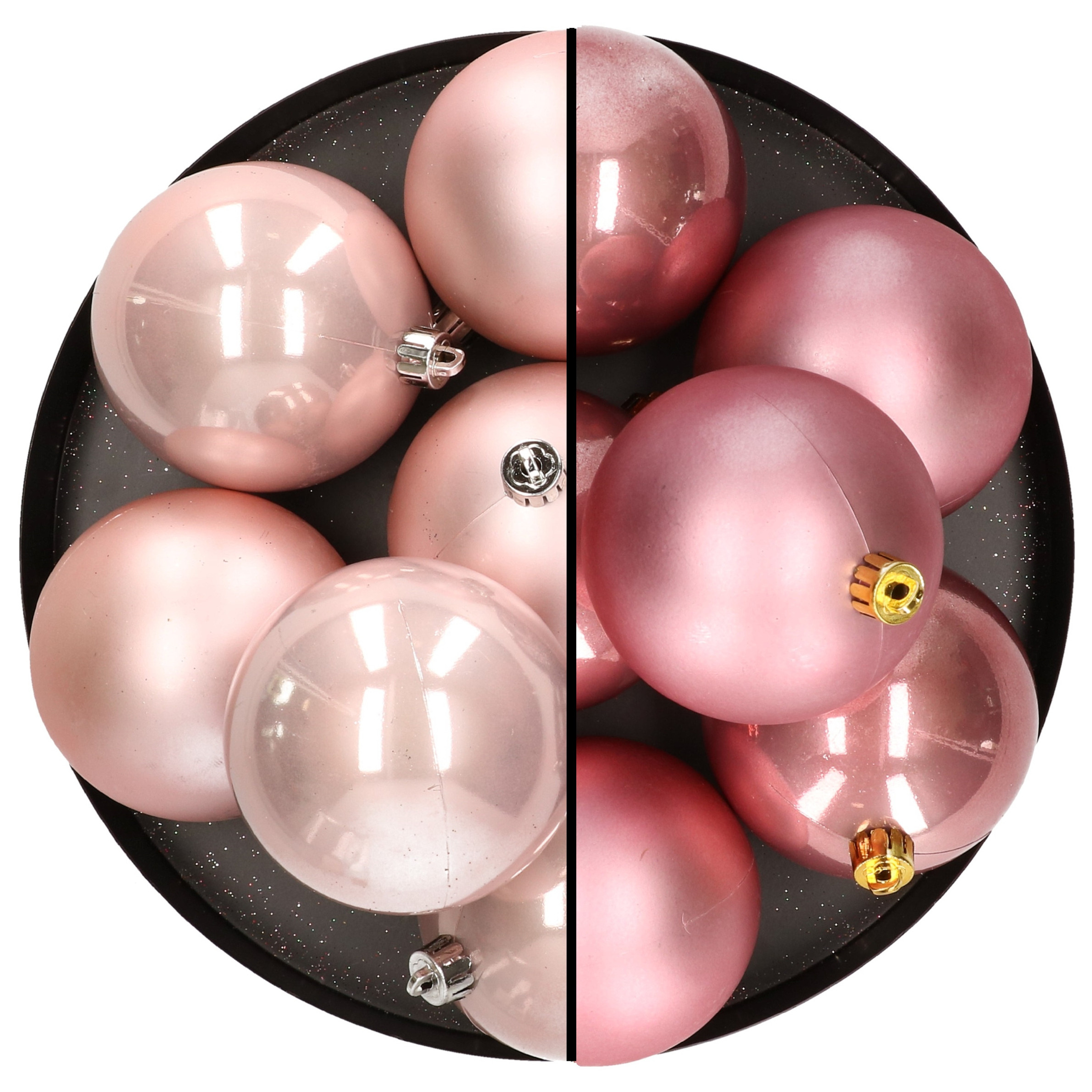 12x stuks kunststof kerstballen 8 cm mix van lichtroze en velvet roze