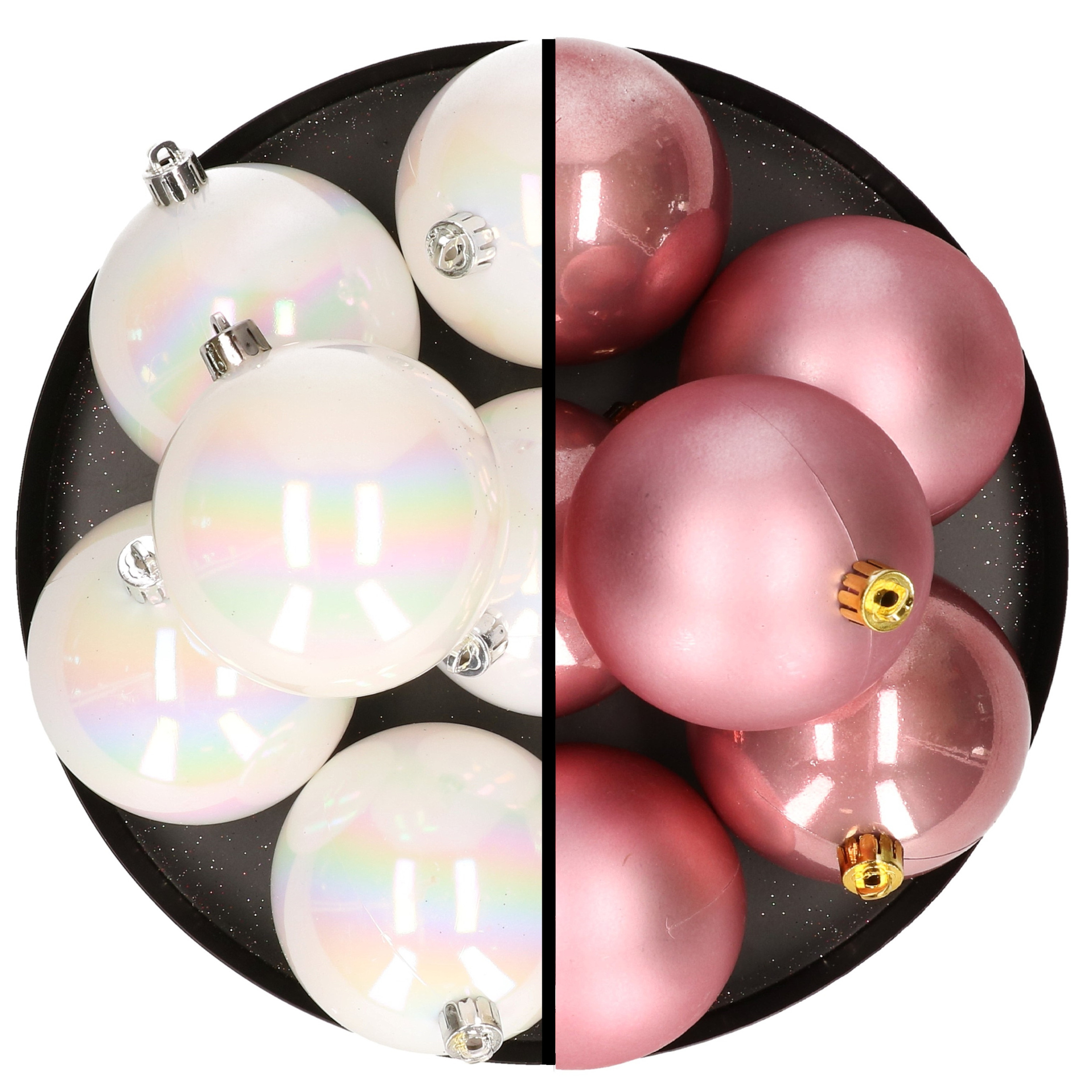 12x stuks kunststof kerstballen 8 cm mix van parelmoer wit en velvet roze
