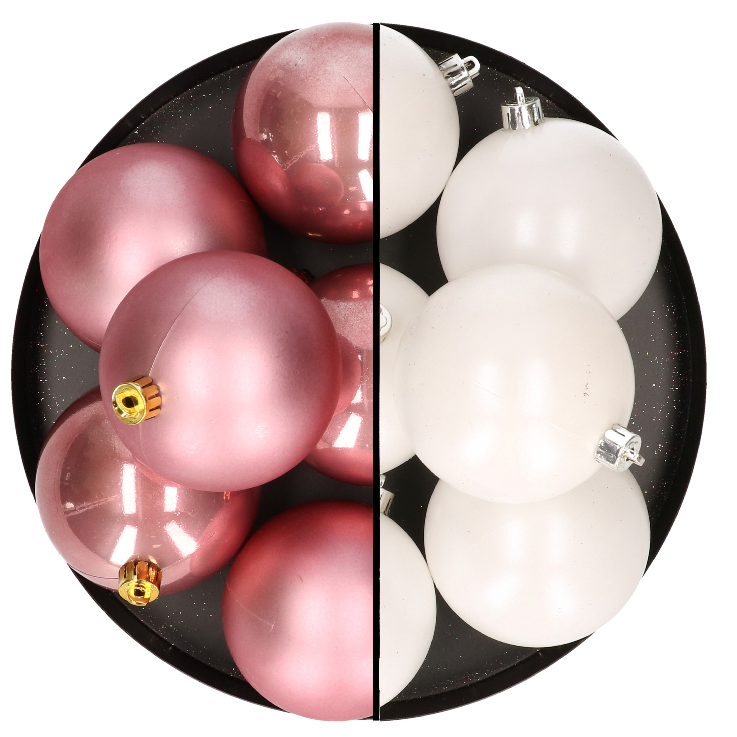 12x stuks kunststof kerstballen 8 cm mix van wit en velvet roze