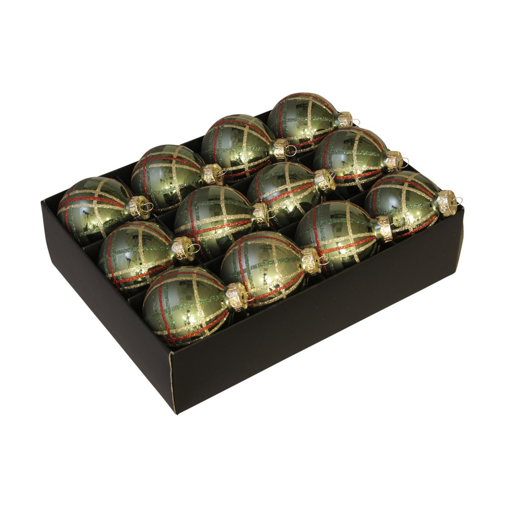 12x stuks luxe glazen gedecoreerde kerstballen groen schotse ruit 7,5 cm