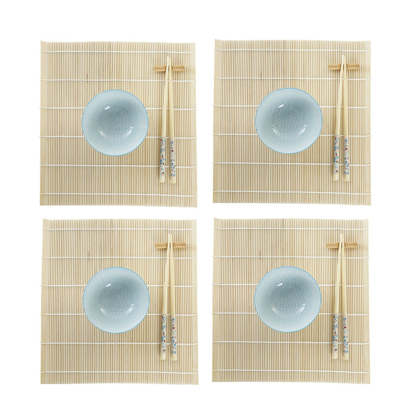 16-delige sushi serveer set aardewerk voor 4 personen licht blauw-wit