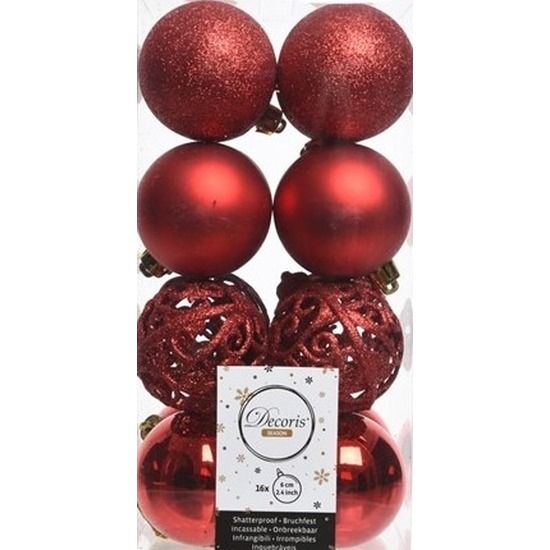16x Kunststof kerstballen mix kerst rood 6 cm kerstboom versiering-decoratie