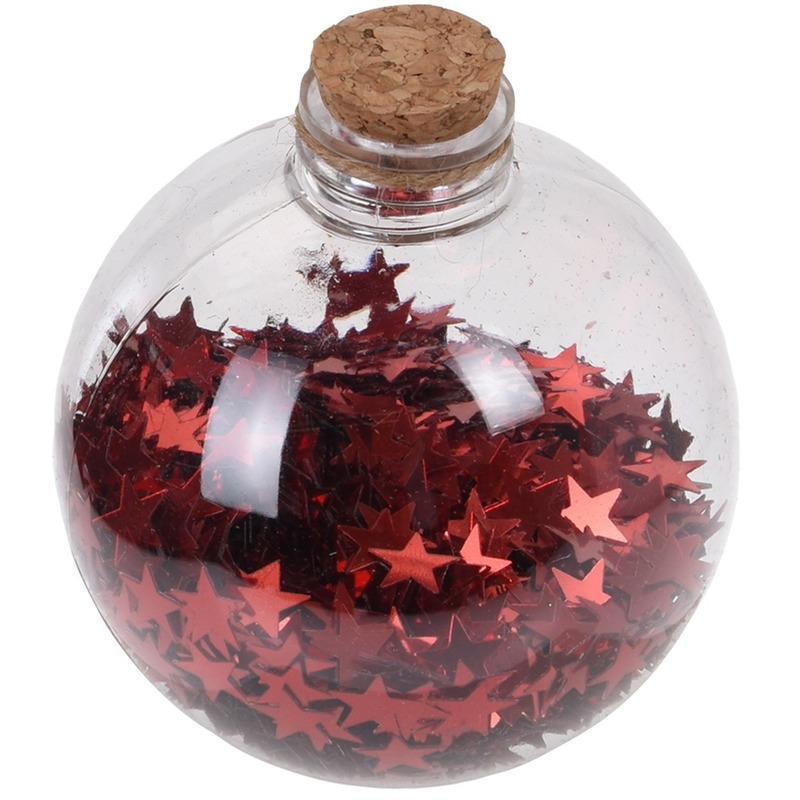 1x Kerstballen transparant-rood 8 cm met rode sterren kunststof kerstboom versiering-decoratie