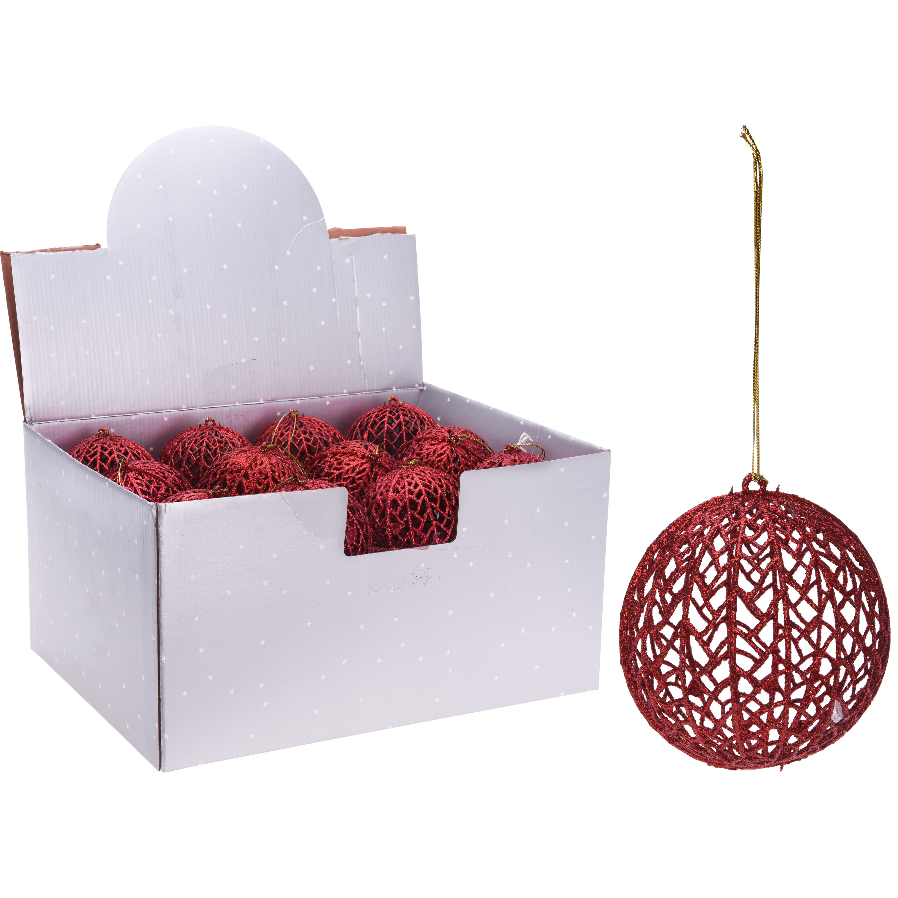 1x Kerstboomversiering rode draad kerstballen met glitters 9 cm