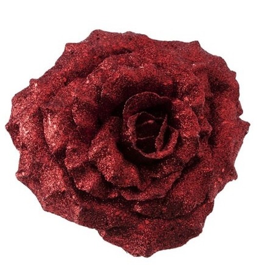 1x Kerstversieringen glitter roos rood op clip 18 cm