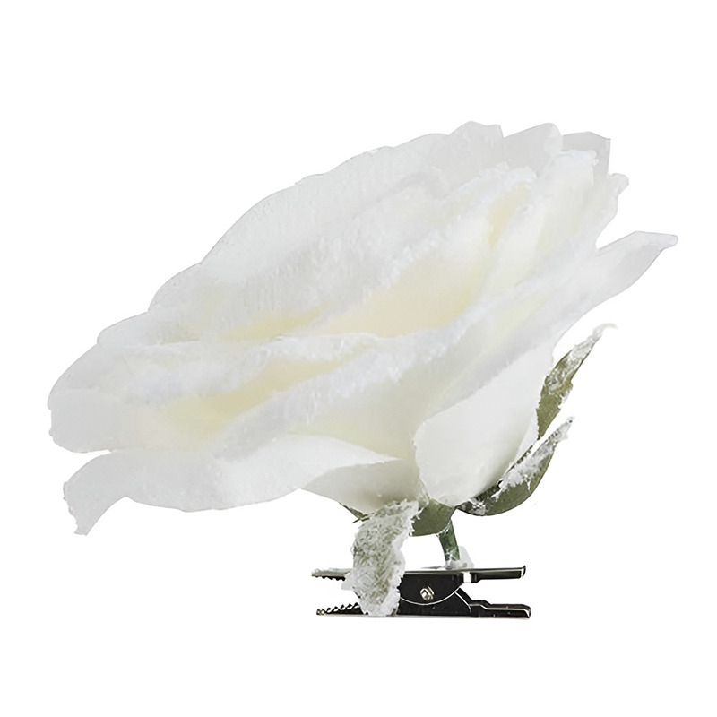 1x Kerstversieringen witte roos met sneeuw op clip 15 x 5 cm