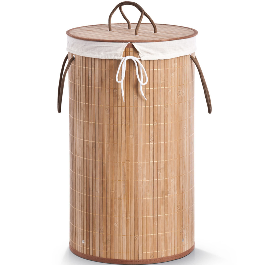 1x Ronde luxe wasgoedmanden van bamboe hout 35 x 60 cm