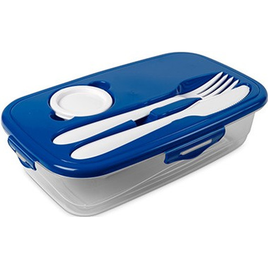 1x Voedsel plastic bewaarbakje 1 liter transparant-blauw met bestek en dressingbakje