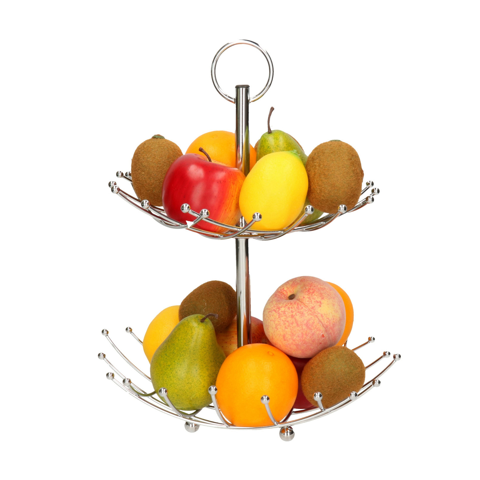 2-laags fruitschaal-fruitmand rond zilver metaal 36 cm