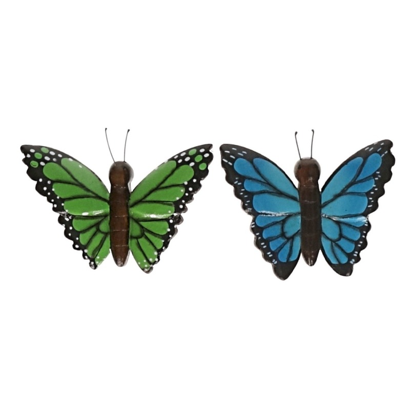 2 stuks Houten koelkast magneetjes in de vorm van een groene en blauwe vlinder