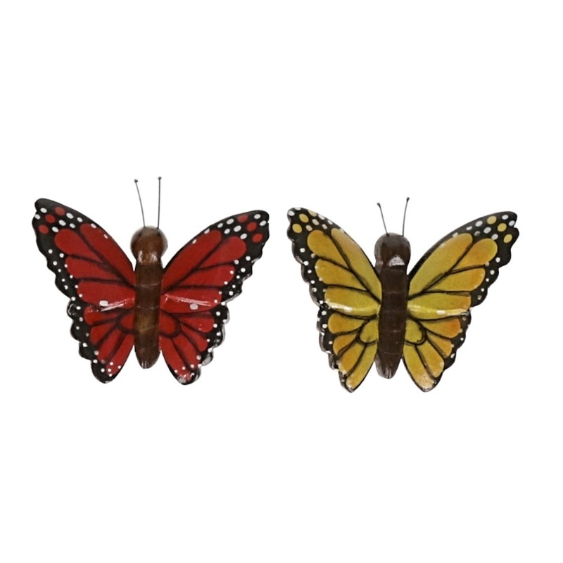 2 stuks Houten koelkast magneten in de vorm van een rode en gele vlinder