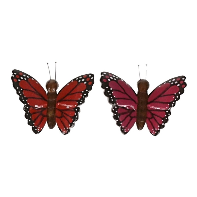2 stuks Houten koelkast magneten in de vorm van een rode en roze vlinder
