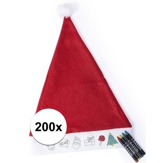 200x Hobby Kerstmuts inkleurbaar met waskrijtjes voor jongens-meisjes-kinderen