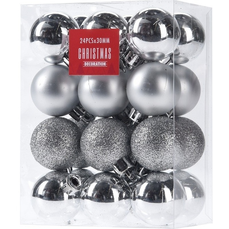 24x Glans-mat-glitter kerstballen zilver 3 cm kunststof kerstboom versiering-decoratie