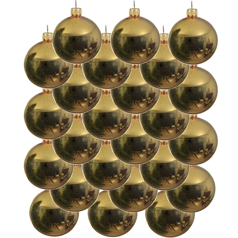 24x Glazen kerstballen glans goud 8 cm kerstboom versiering-decoratie