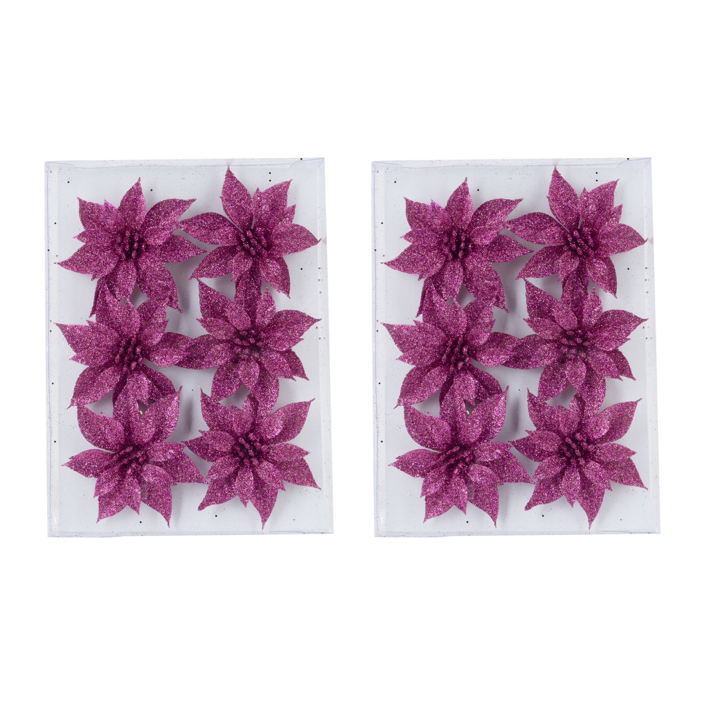 24x stuks decoratie bloemen rozen fuchsia roze glitter op ijzerdraad 8 cm