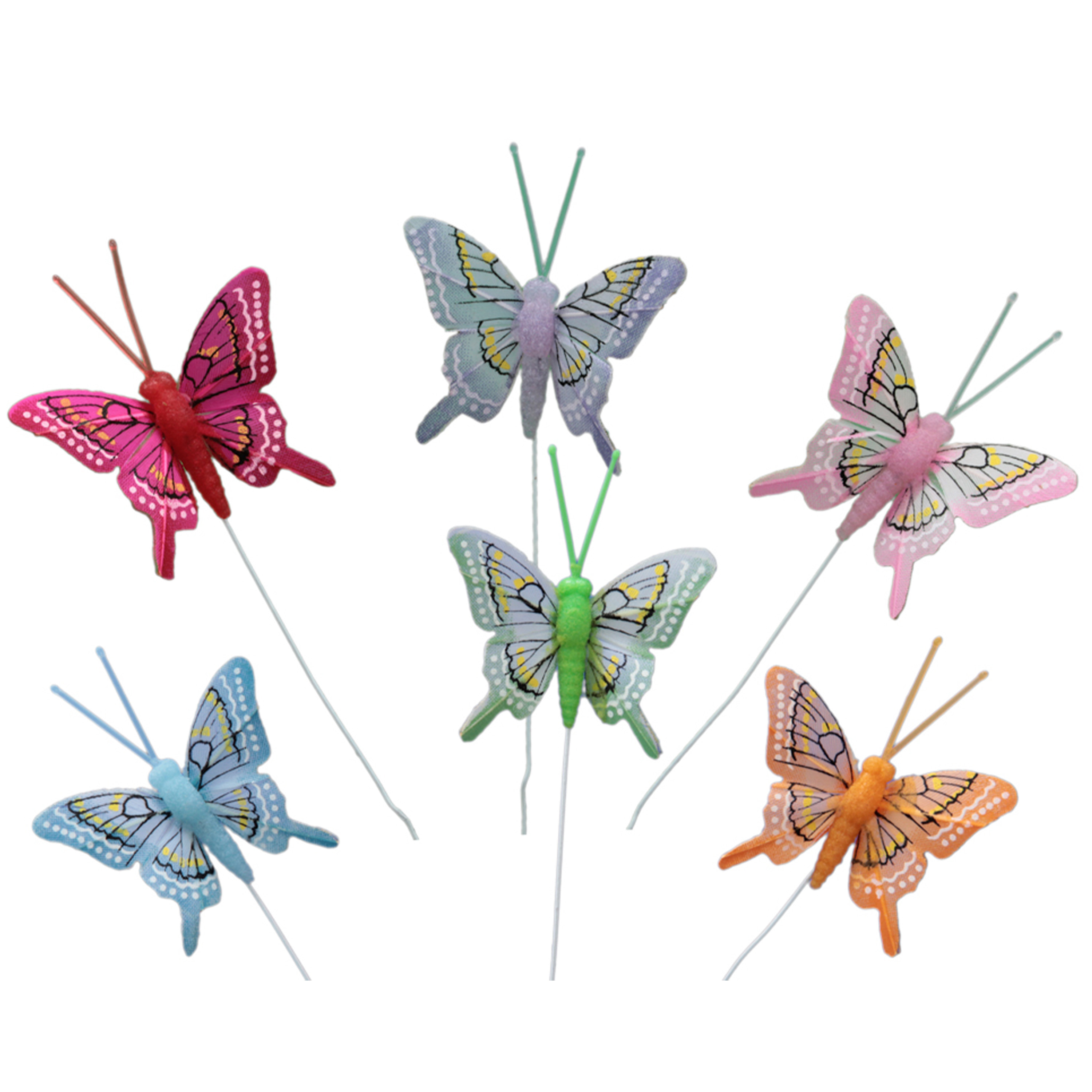 24x stuks decoratie vlinders op draad gekleurd 5 cm