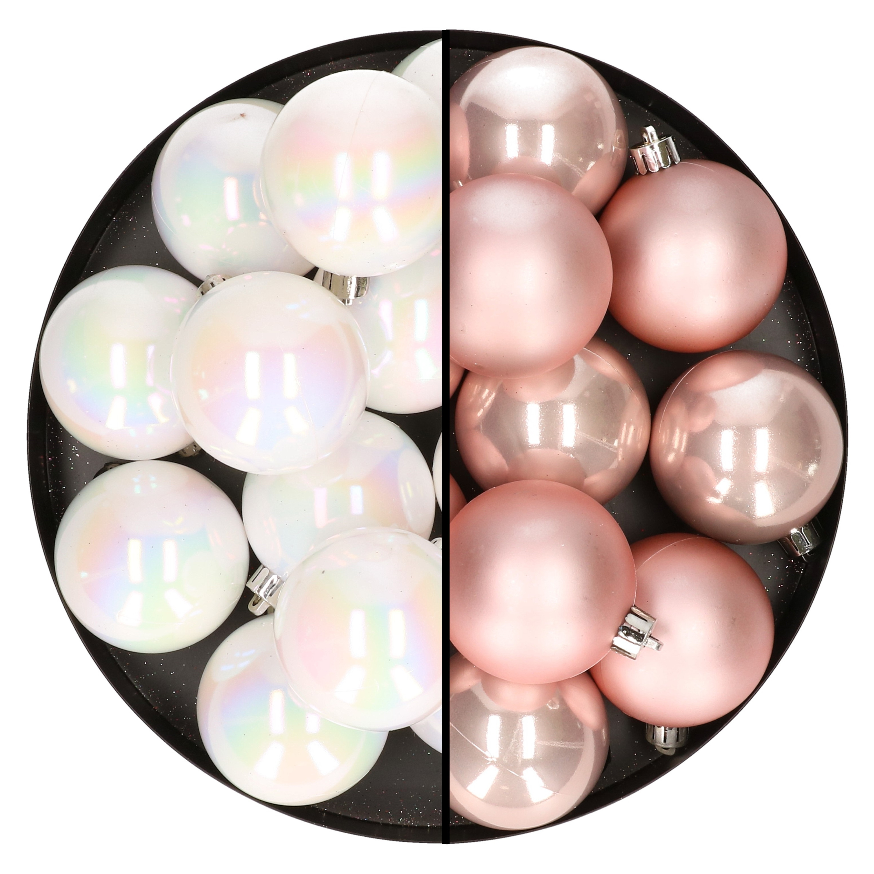 24x stuks kunststof kerstballen mix van lichtroze en parelmoer wit 6 cm