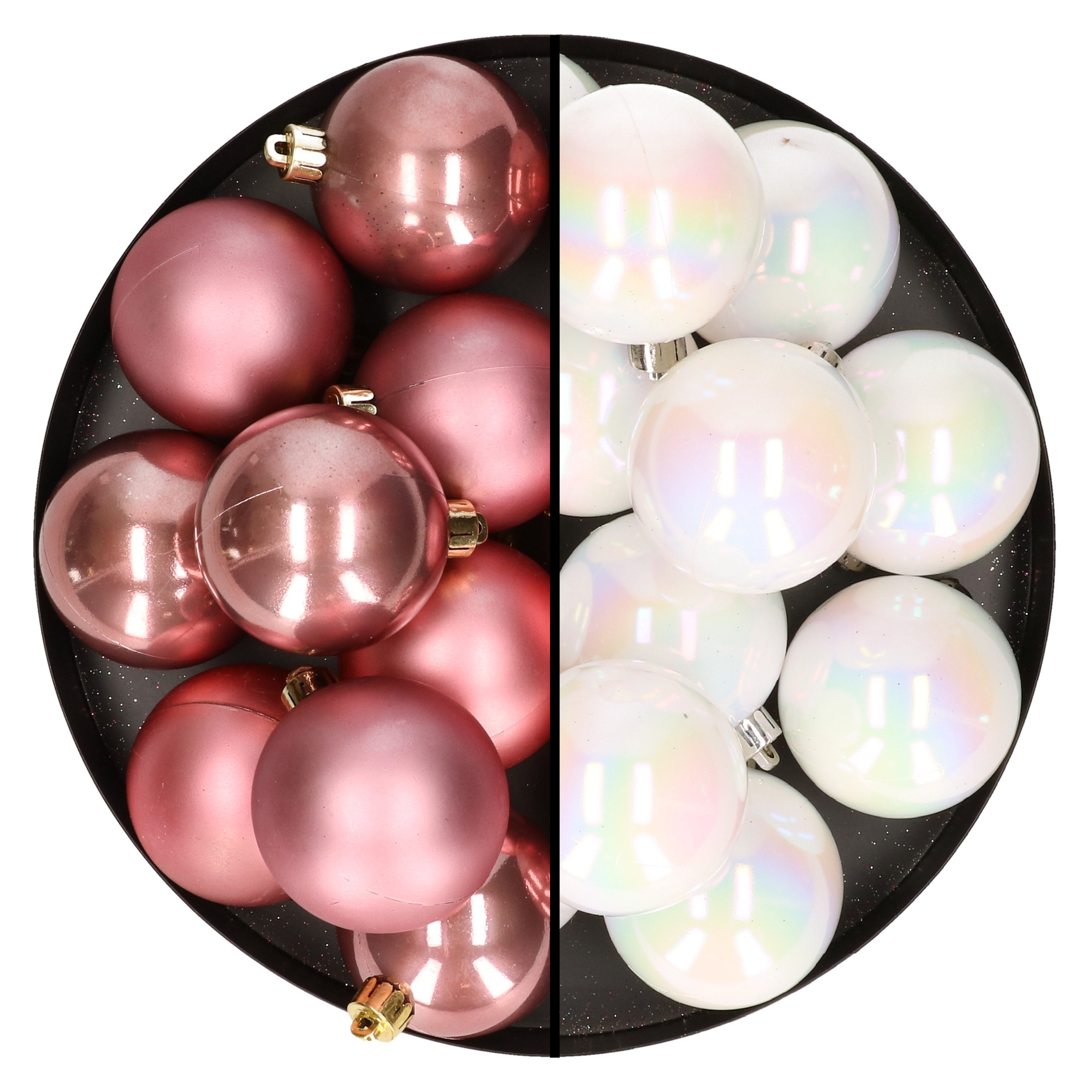 24x stuks kunststof kerstballen mix van velvet roze en parelmoer wit 6 cm