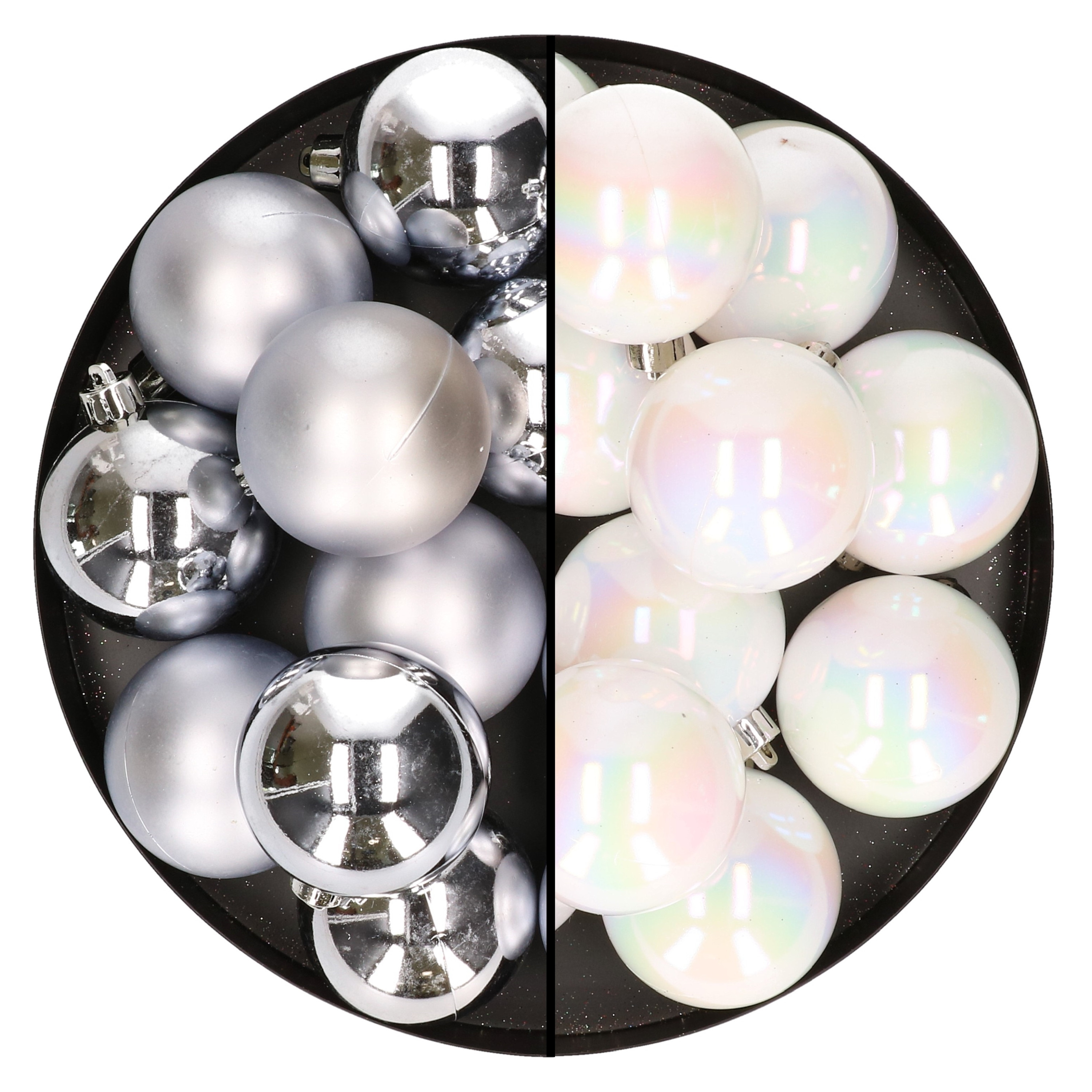 24x stuks kunststof kerstballen mix van zilver en parelmoer wit 6 cm