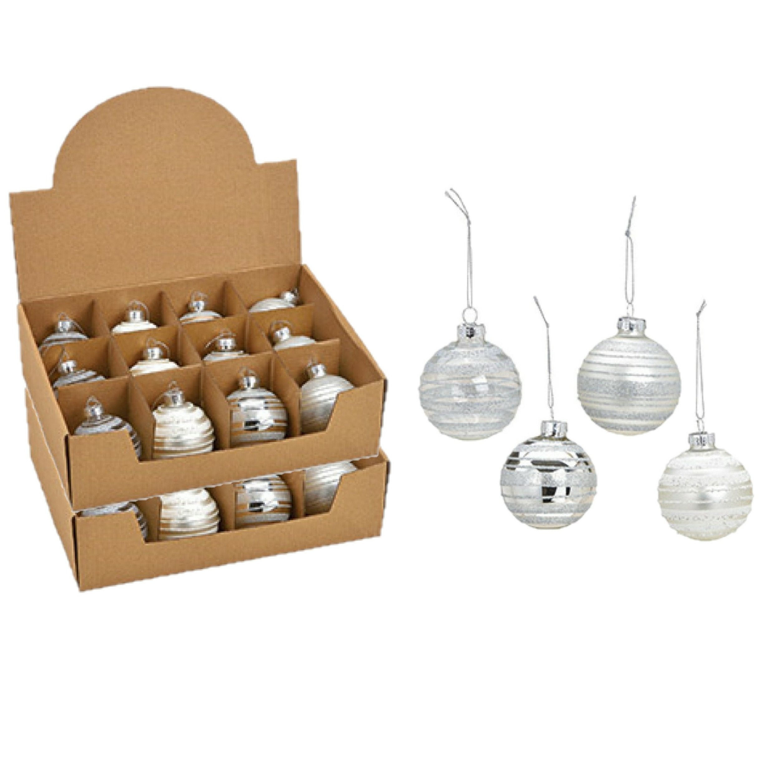 24x stuks luxe gedecoreerde glazen kerstballen zilver 6 cm