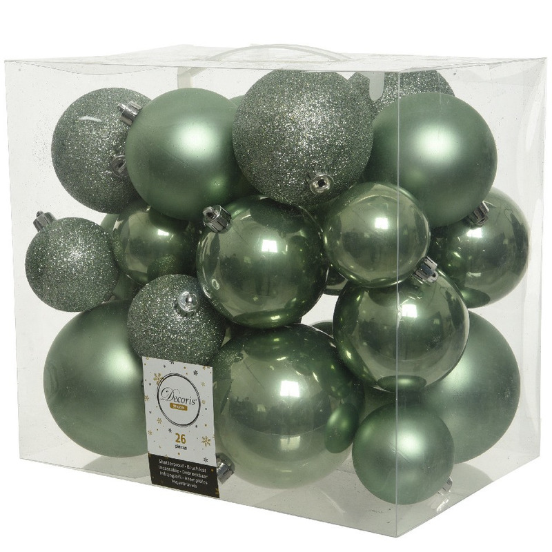 26x Kunststof kerstballen mix salie groen 6-8-10 cm kerstboom versiering-decoratie