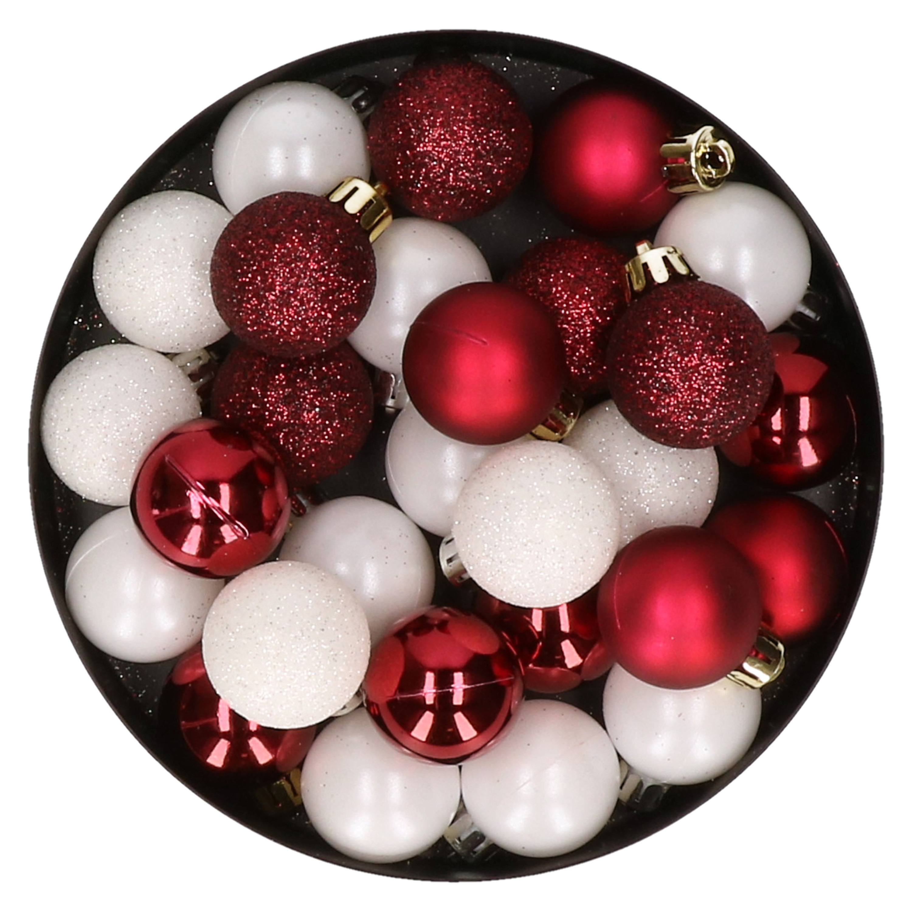 28x stuks kunststof kerstballen donkerrood en wit mix 3 cm