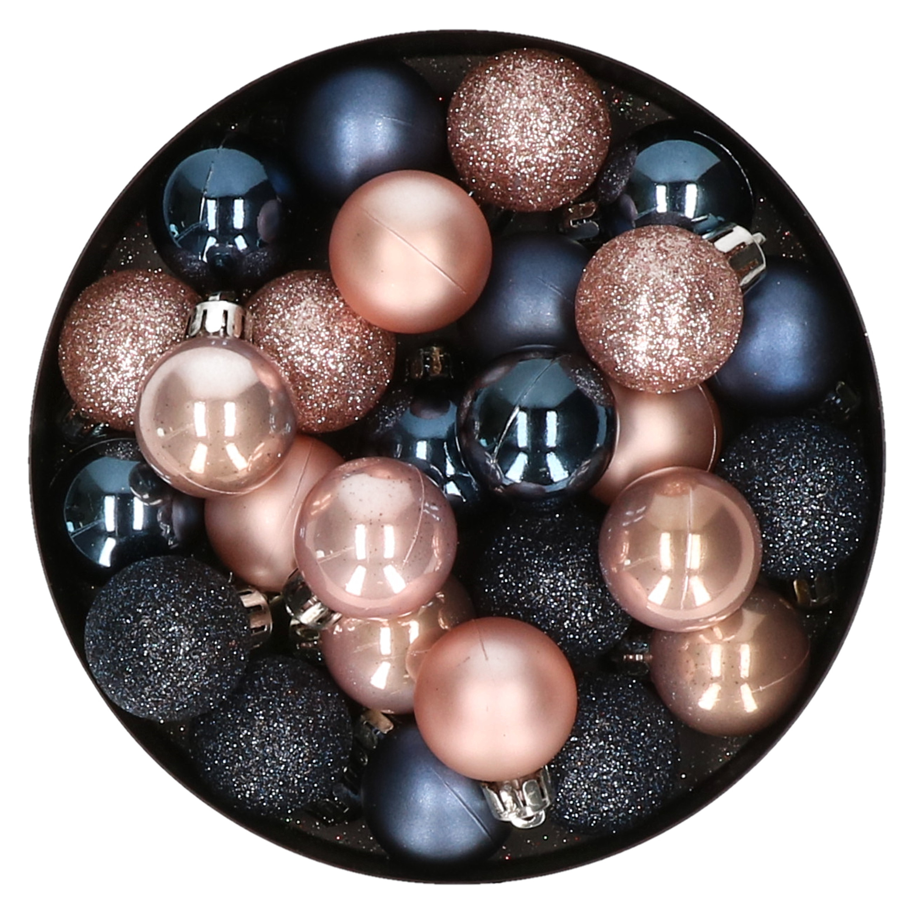28x stuks kunststof kerstballen lichtroze en donkerblauw mix 3 cm