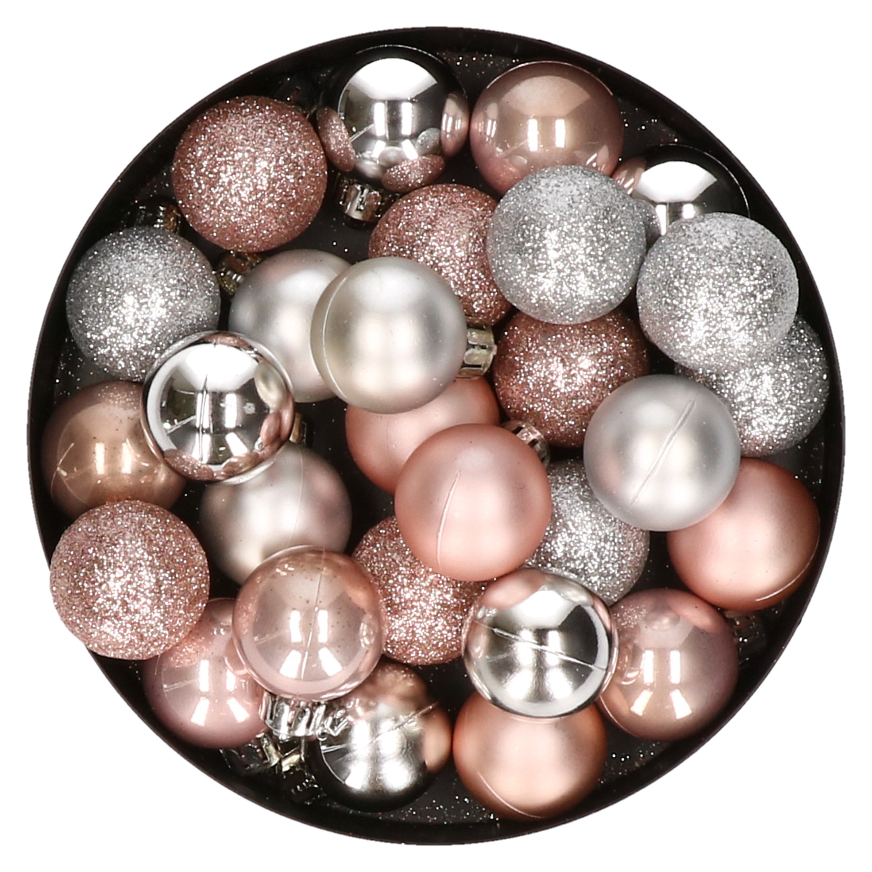 28x stuks kunststof kerstballen lichtroze en zilver mix 3 cm